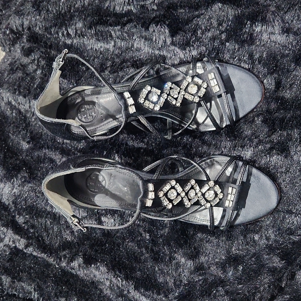 Tory Burch Black Satin and Crystal's with Leather sole Size 38.5 - Picture 5 of 11